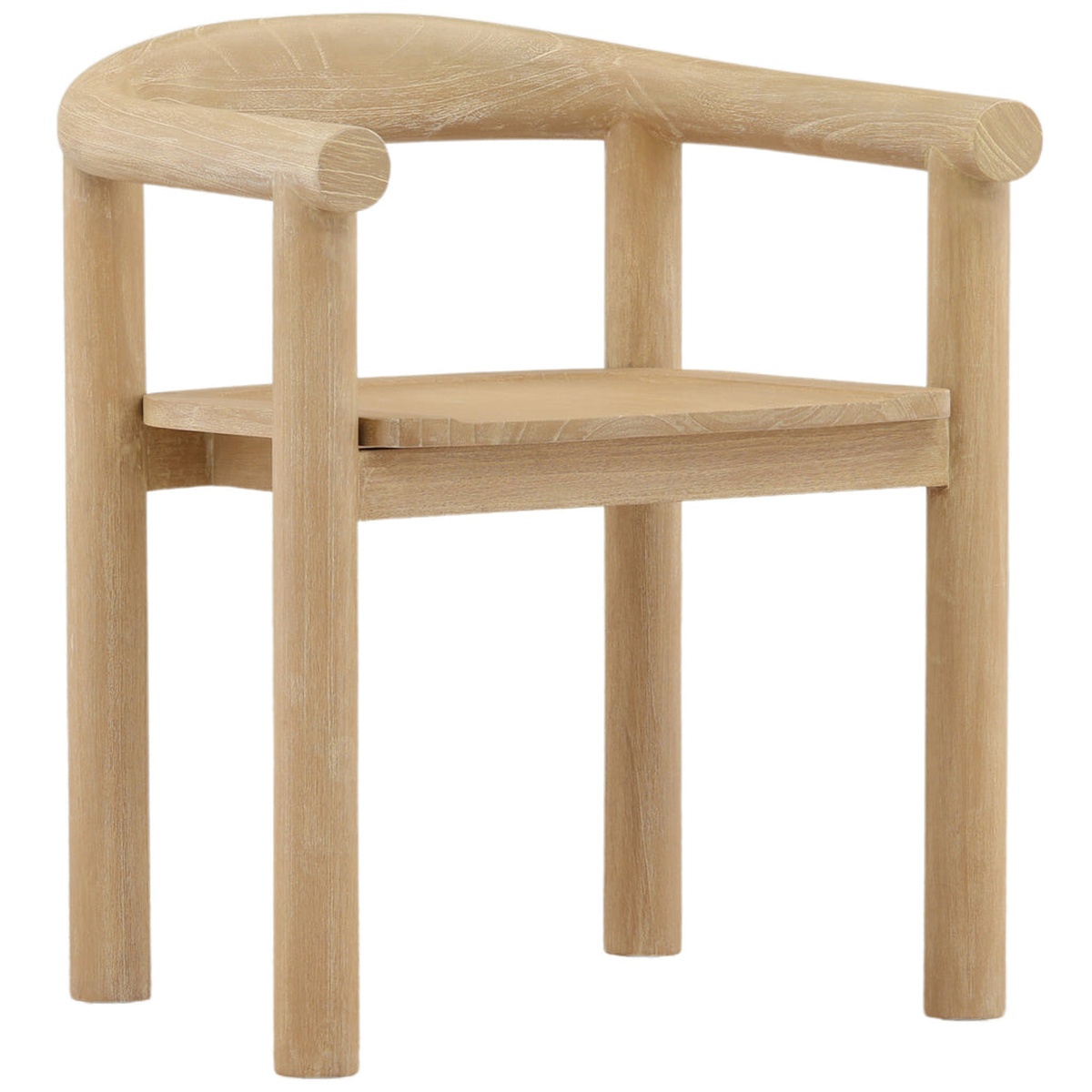 Saskia Dining Chair in Light Natural mindi wood showing curved barrel backrest, cylindrical legs, and open frame from a front angle