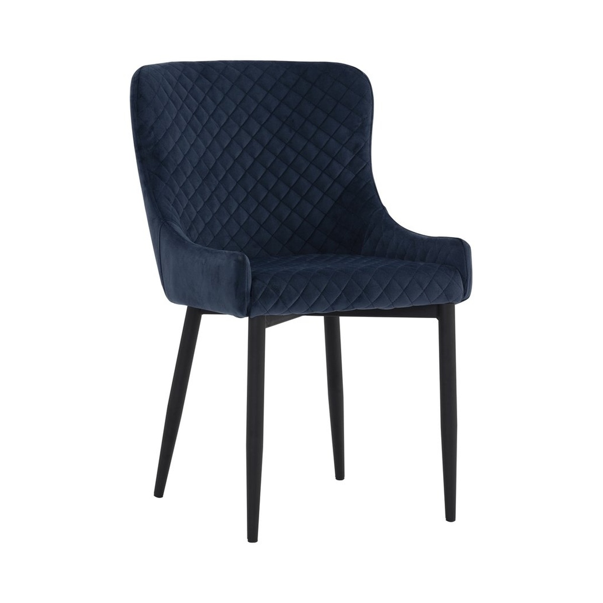 Angled front view of the Saskia Navy Blue Dining Chair showing diamond-quilted velvet upholstery and black metal legs
