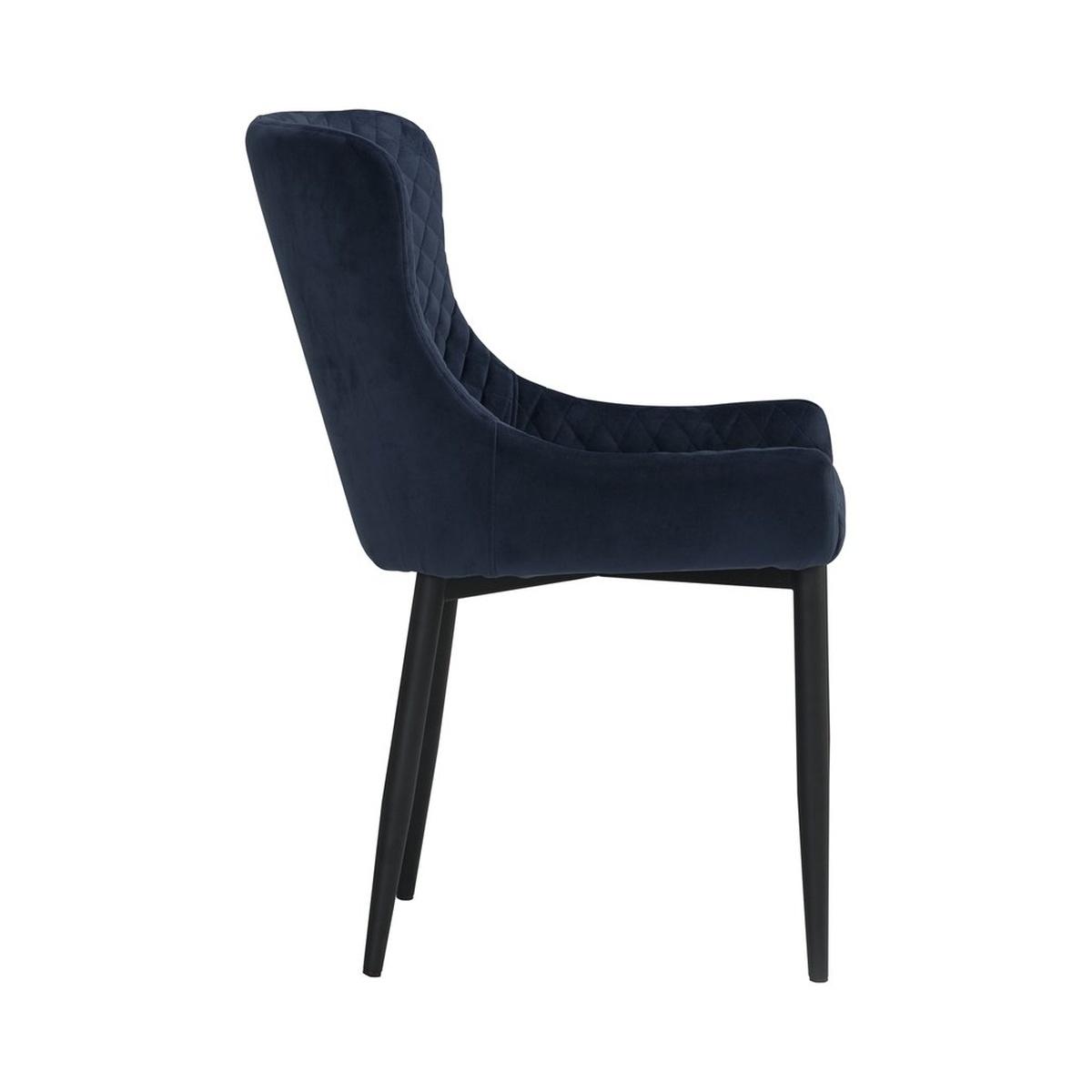 Side profile view of the Saskia Navy Blue Dining Chair highlighting the curved backrest and tapered metal legs