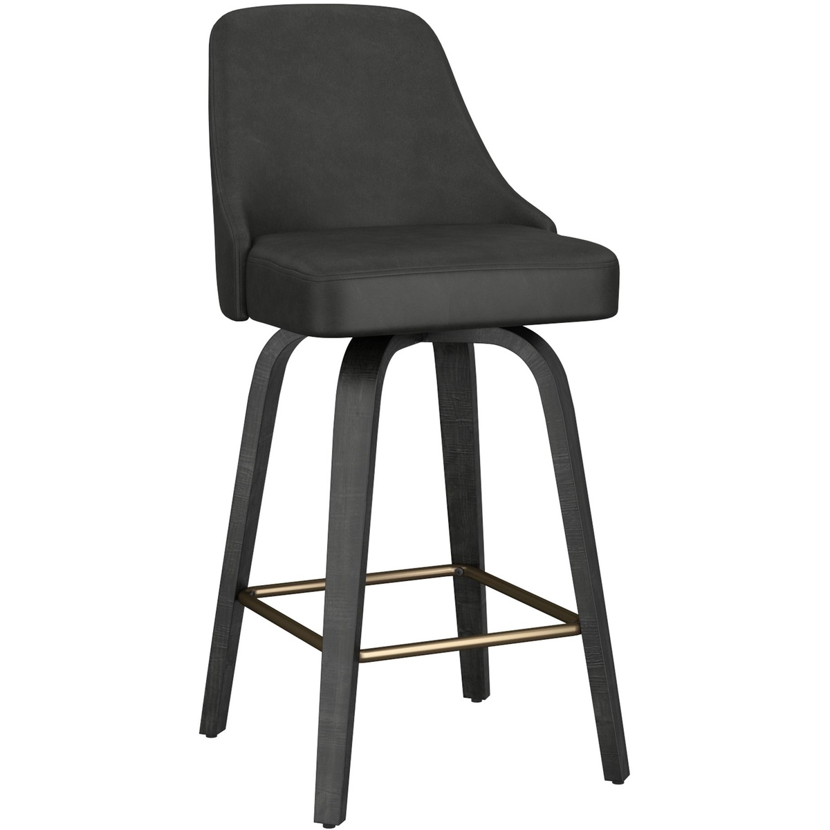 Oakley counter stool in charcoal faux leather with black bentwood legs and aged gold brass footrest, shown against a white background