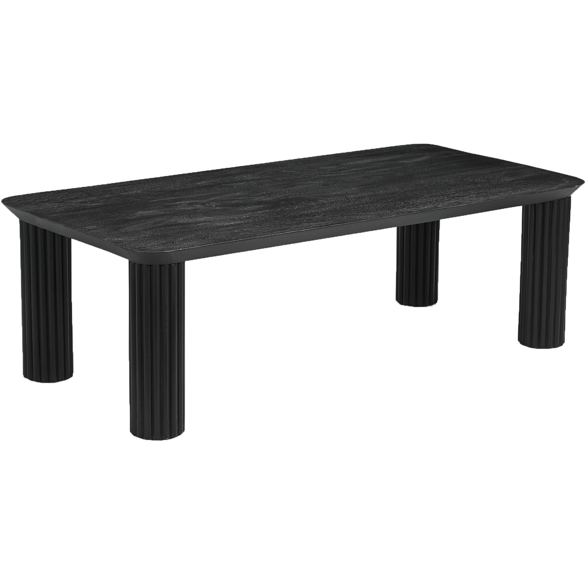 Sangra Coffee Table in black solid mango wood with a rectangular reverse-bevel top and four round reeded legs