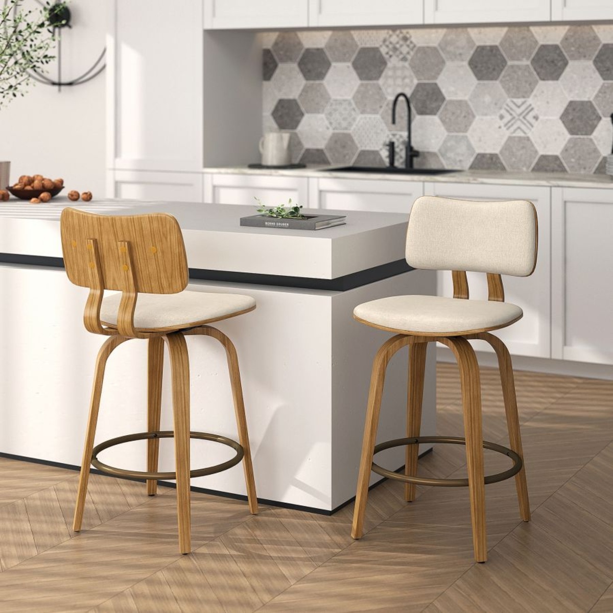 Two beige and natural counter stools staged at a modern white kitchen island