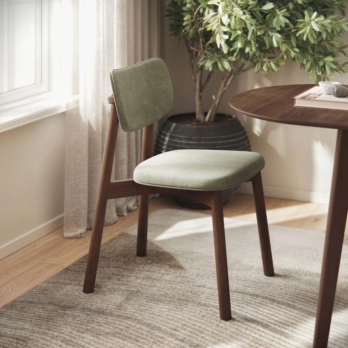Maia fern green and walnut dining chair styled beside a round wooden dining table near a bright window