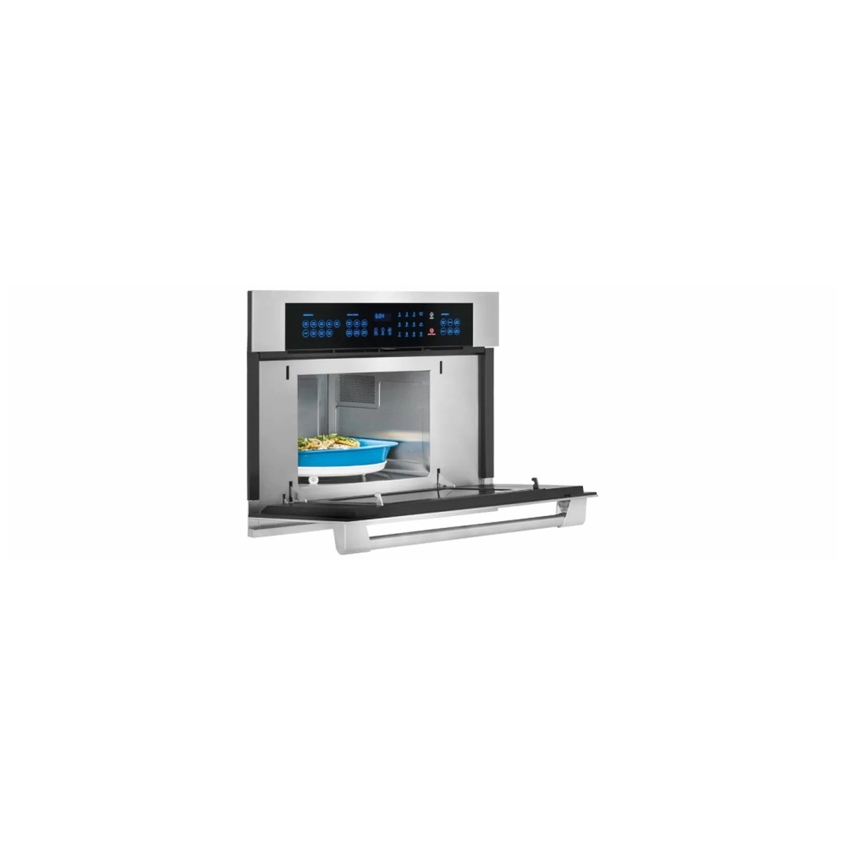 Electrolux ICON E30MO75HPS built-in microwave open at an angle showing a dish of food being heated inside the stainless interior cavity