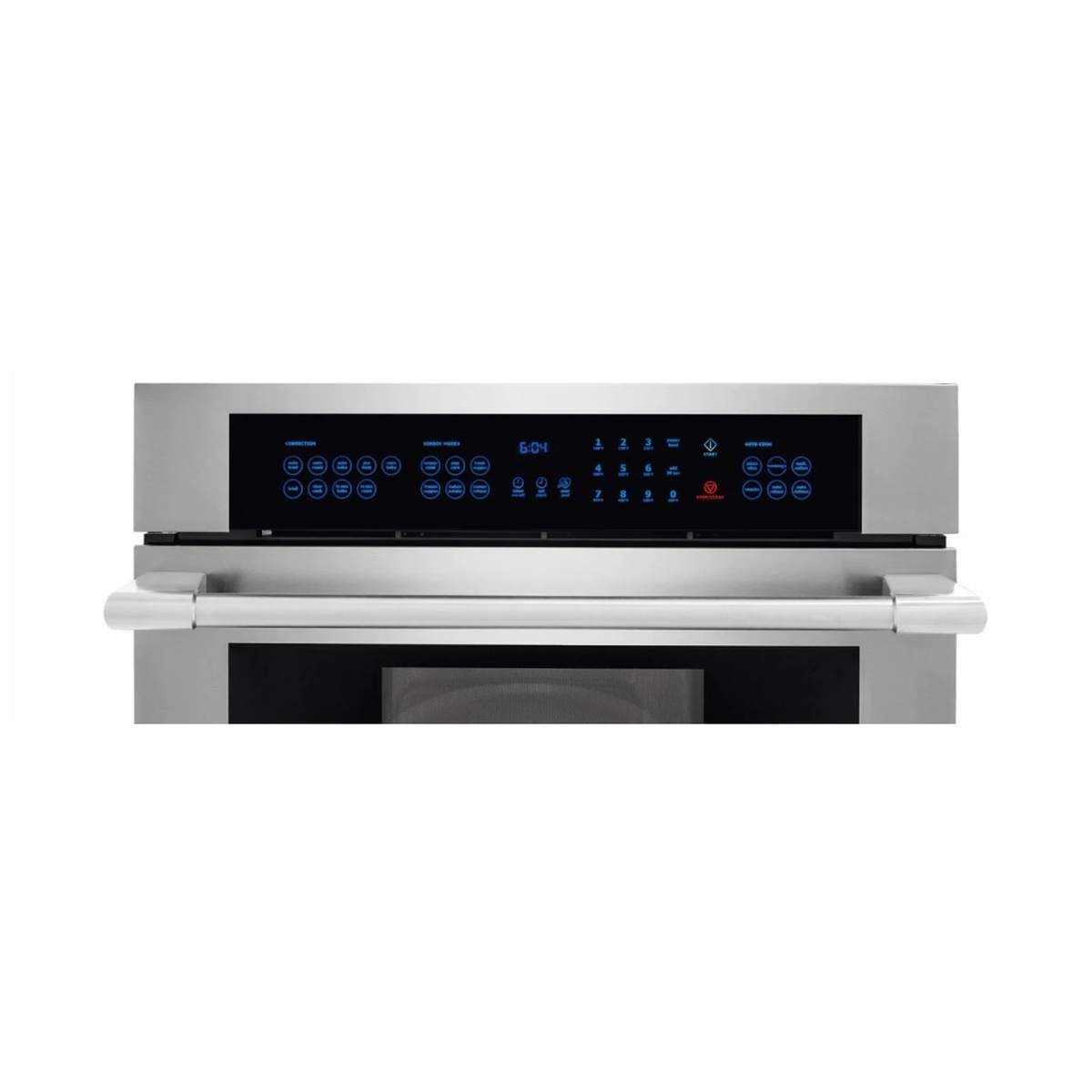 Close-up of the Electrolux ICON E30MO75HPS illuminated Wave-Touch control panel showing convection, sensor modes, auto cook buttons, and numeric keypad