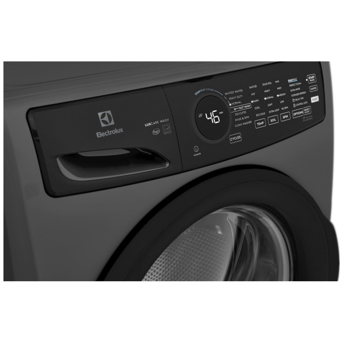 Close-up of the Electrolux ELFW7437AT control panel showing cycle selector dial, LuxCare Wash badge, TEMP, SOIL, SPIN, and OPTIONS touch controls, and the digital timer display