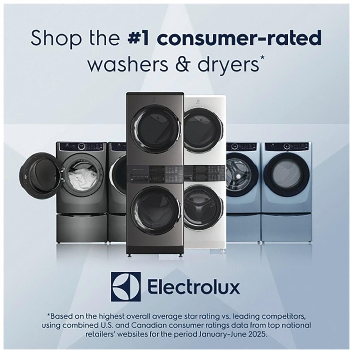Electrolux brand banner showing multiple front-load washers and dryers in titanium and white finishes with the text 'Shop the #1 consumer-rated washers and dryers'
