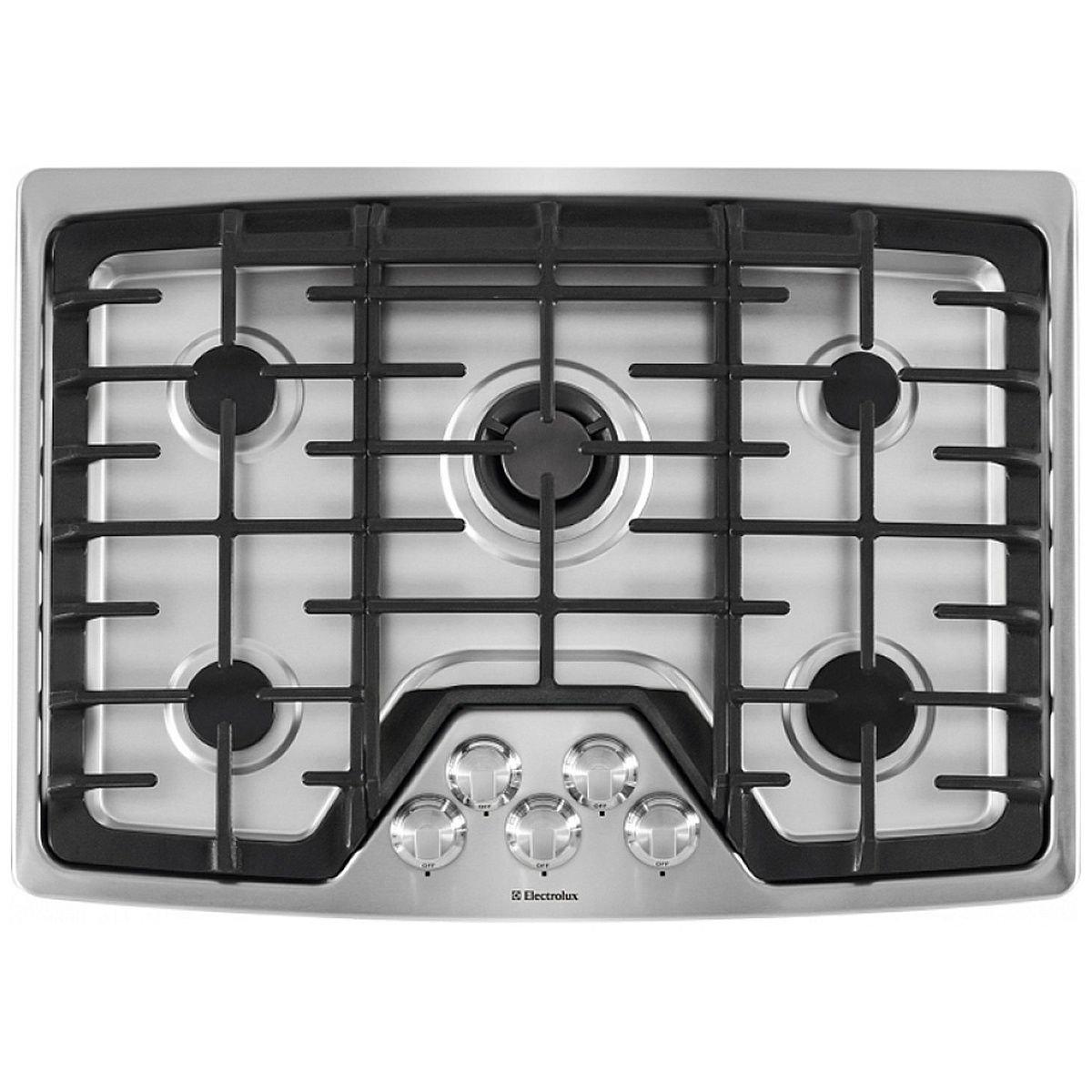Top-down view of the Electrolux EW30GC60PS showing five sealed gas burners, continuous matte black cast iron grates, and five stainless steel control knobs centered at the front
