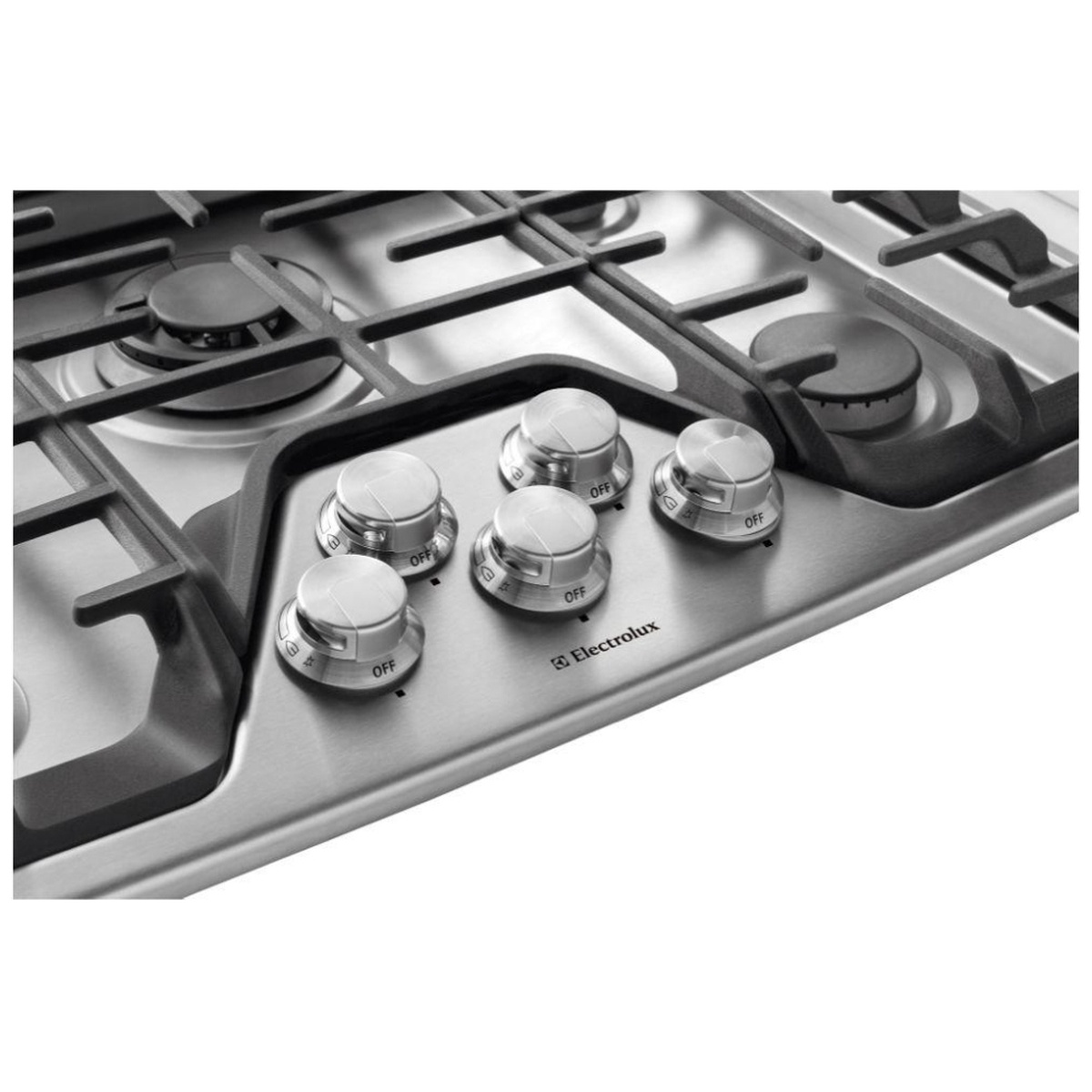 Close-up of five stainless steel professional-grade control knobs on the Electrolux EW30GC60PS gas cooktop