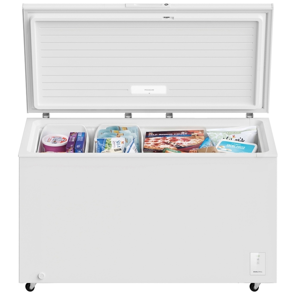 Open Frigidaire FFCL2062AW chest freezer loaded with frozen foods in three removable baskets showing interior storage capacity