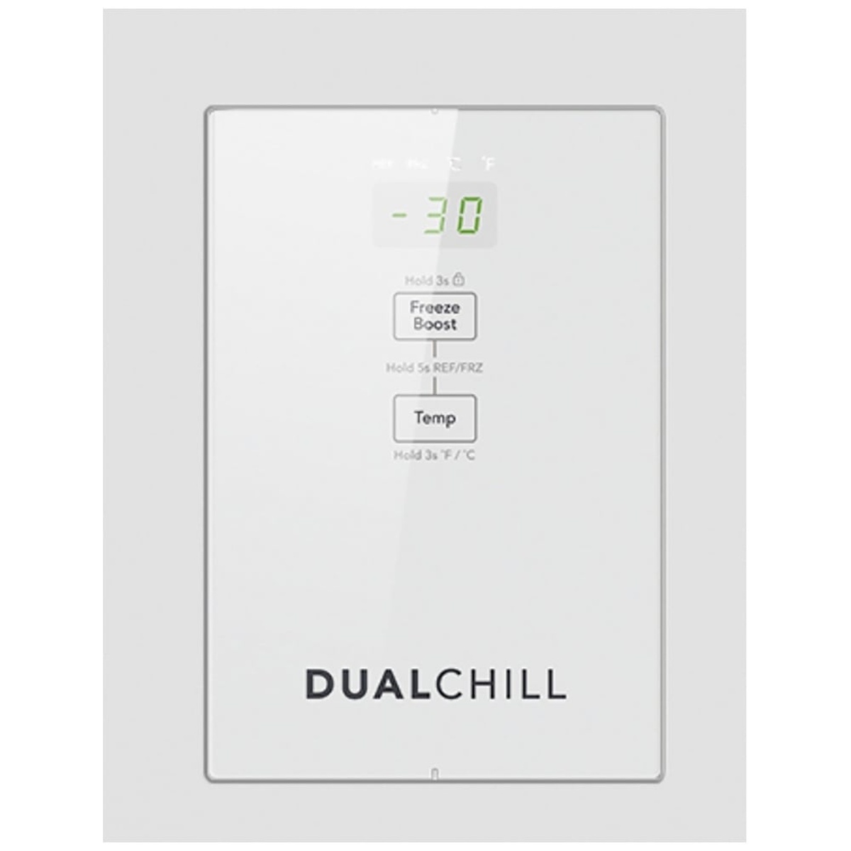 Close-up of the FFCL2062AW DualChill external control panel showing digital temperature display at -30, Freeze Boost button, and Temp adjustment button
