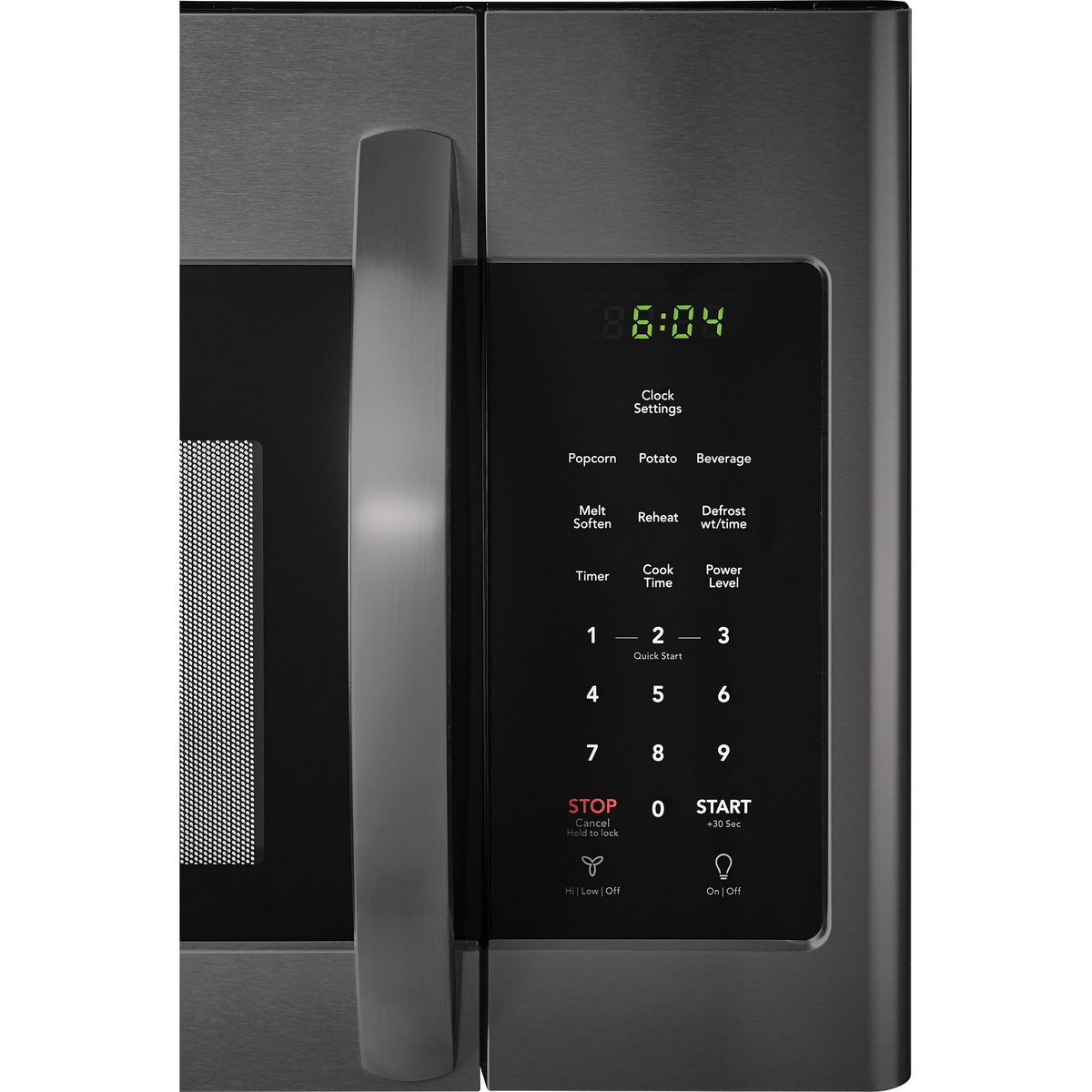 Close-up of the Frigidaire FFMV1645TD control panel showing one-touch preset buttons, numeric keypad, Quick Start, +30 Sec, ventilation fan and light controls