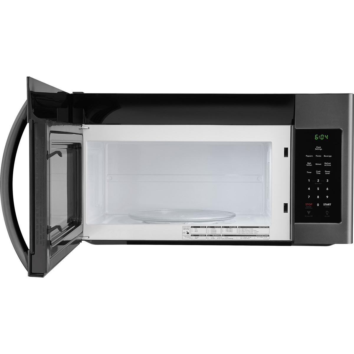 Interior view of the Frigidaire FFMV1645TD with door open, showing the spacious white cavity, glass turntable, and LED interior lighting