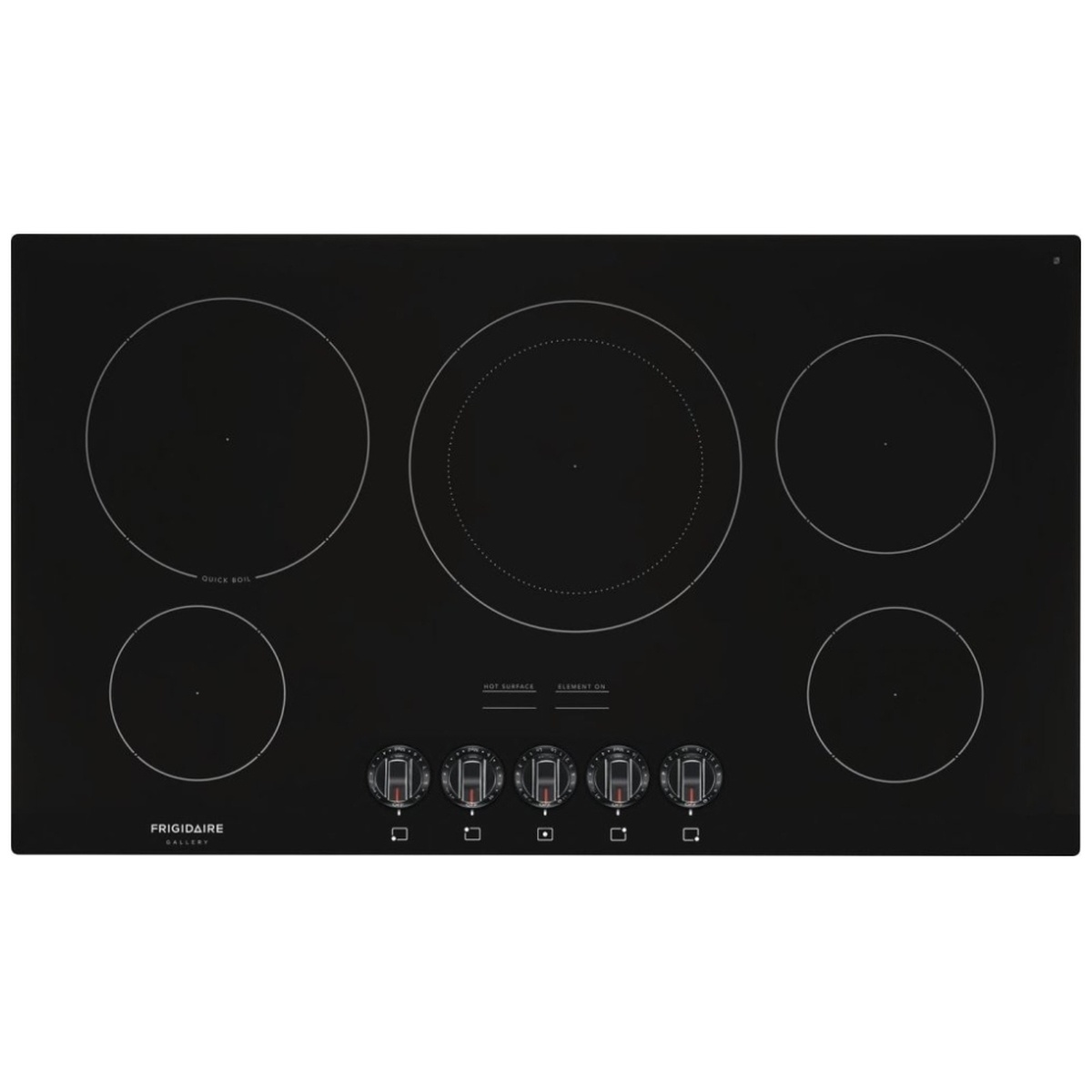 Top-down view of the Frigidaire Gallery FGEC3648UB black ceramic glass cooktop showing all five cooking element zones and five front-mounted control knobs