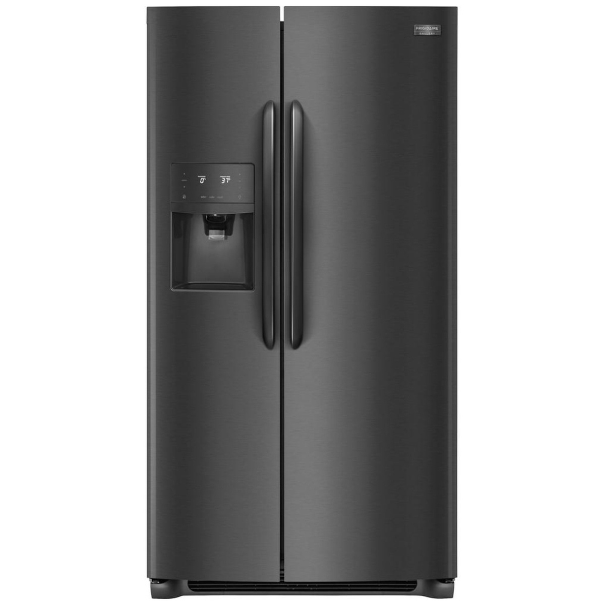 Frigidaire Gallery FGSC2335TD front exterior view in Smudge-Proof Black Stainless Steel with through-door ice and water dispenser and Gallery badging
