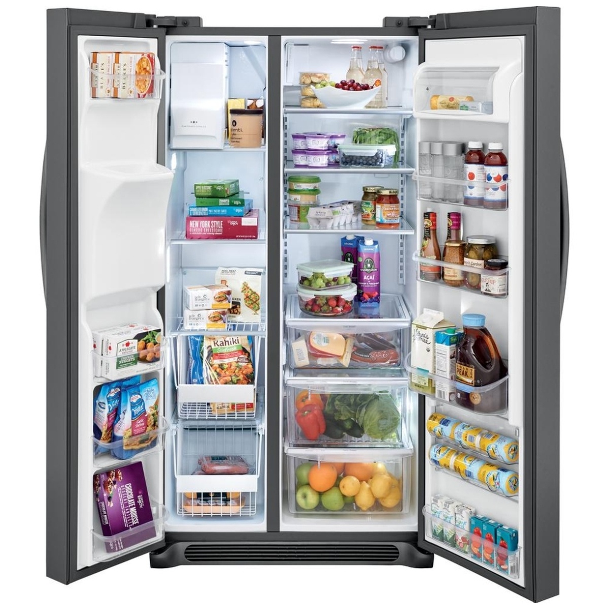 Frigidaire FGSC2335TD with both freezer and refrigerator doors fully open, showing packed interior storage including shelves, crisper drawers, door bins and freezer wire baskets