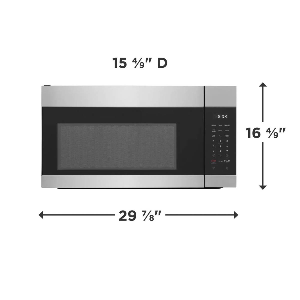 Front view of the Frigidaire over-the-range microwave with labeled width, height, and depth dimensions