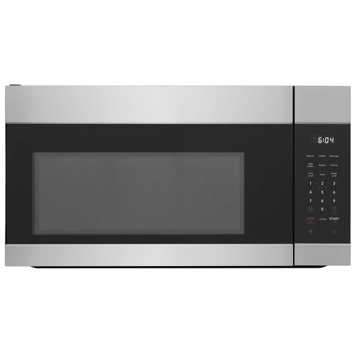 Close-up front view of the Frigidaire microwave showing the window and right-side control panel with digital display