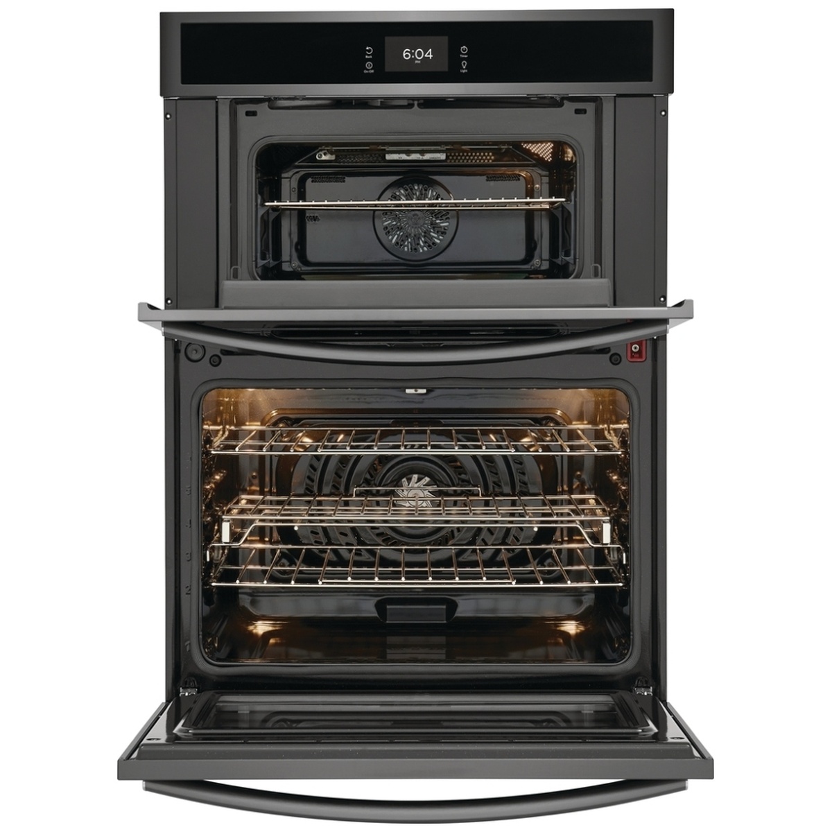 Frigidaire microwave wall oven combo shown with both drop-down doors open, displaying the upper microwave cavity and the lower oven cavity with racks and a rear convection fan