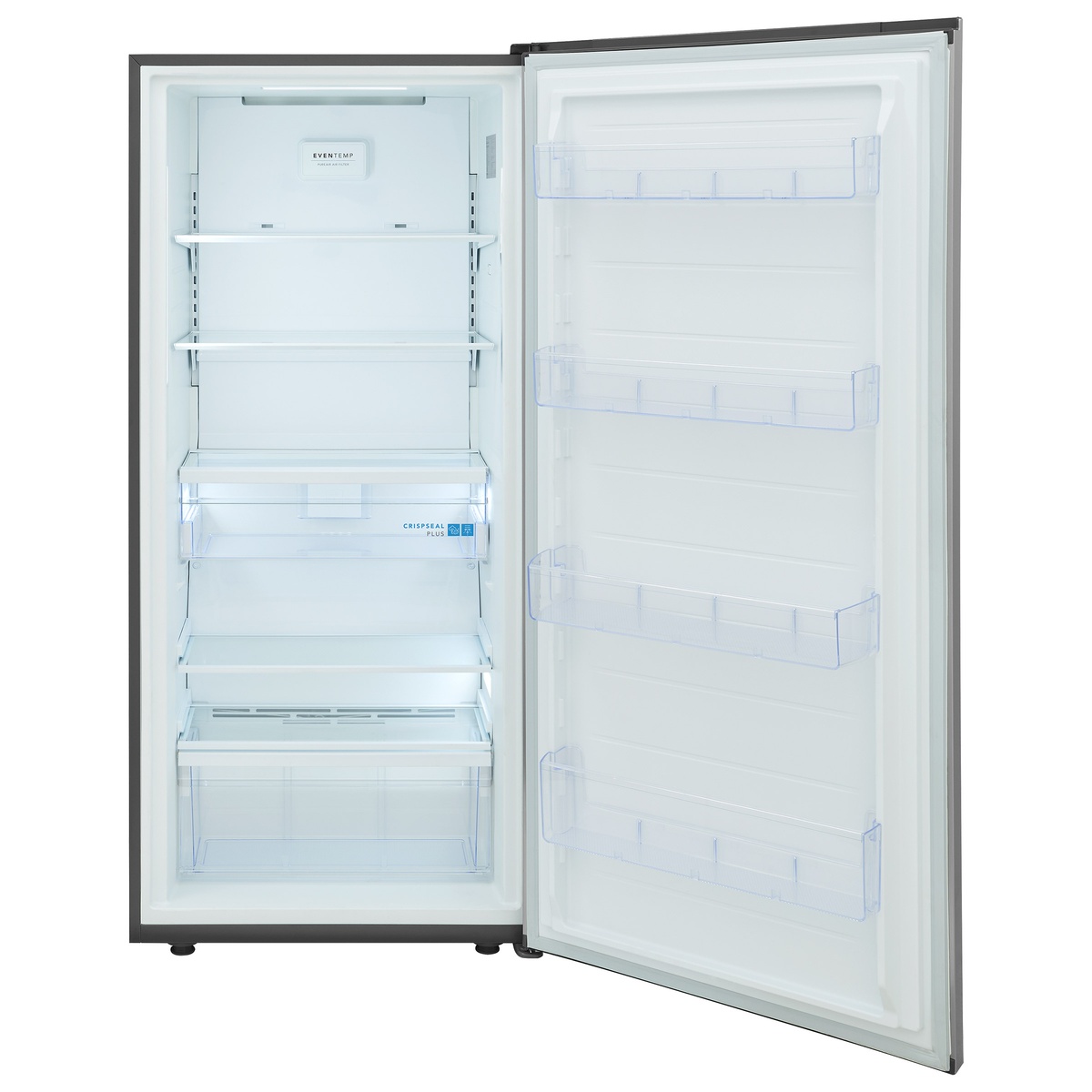 Frigidaire Gallery GRDA1911AF interior open and empty, showing EvenTemp air filter panel, adjustable shelves, CrispSeal Plus crisper drawer, and full-height door bin storage