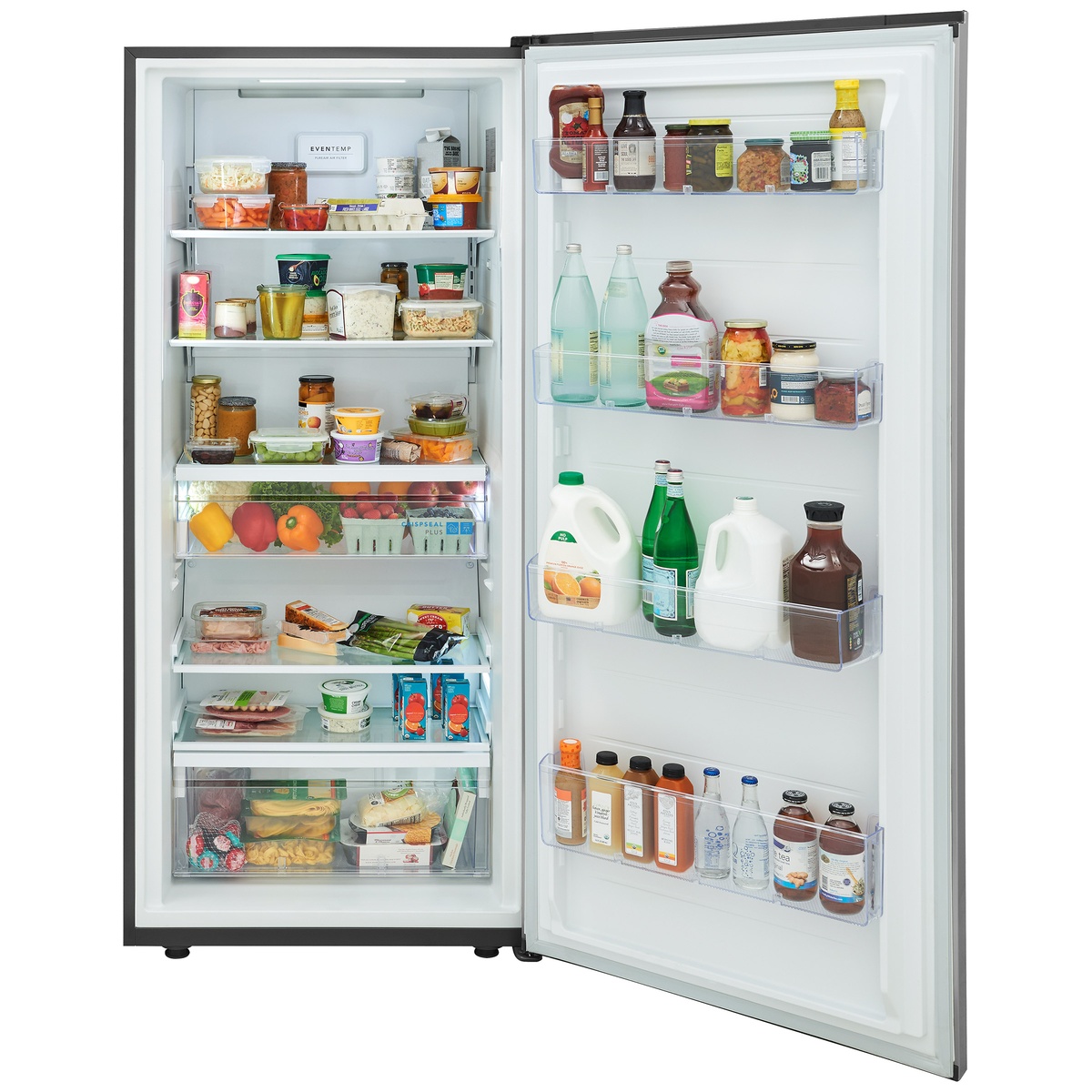 Frigidaire Gallery GRDA1911AF interior fully stocked with groceries, showing adjustable glass shelves, CrispSeal Plus crisper drawers, and large door bins filled with bottles and condiments