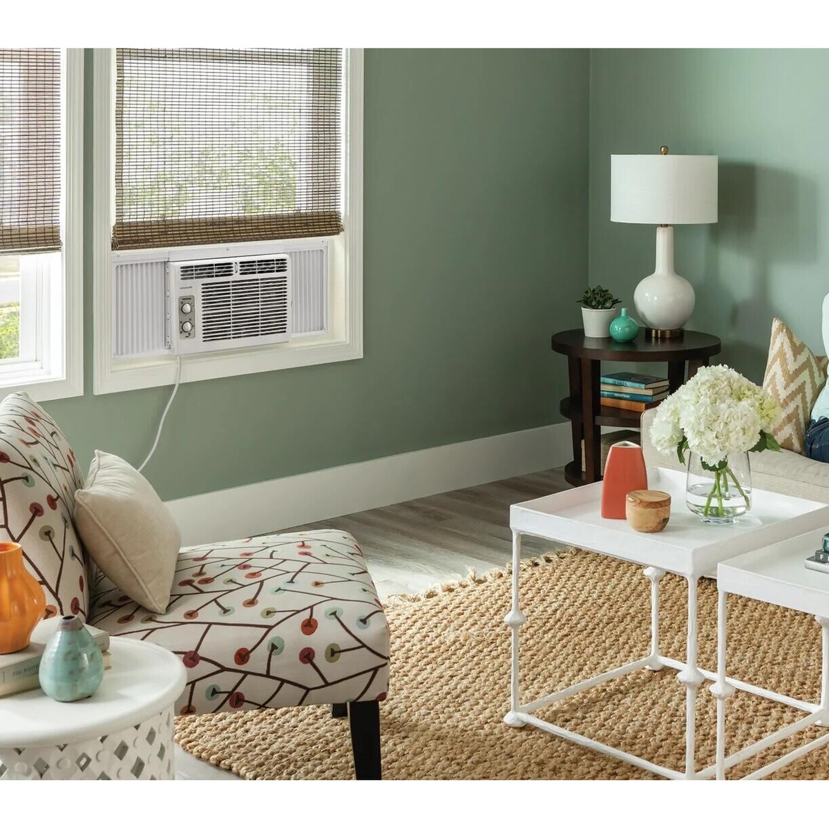Frigidaire FFRA051WA1 window air conditioner installed in a sunlit living room window with green walls, a patterned armchair, and a jute rug