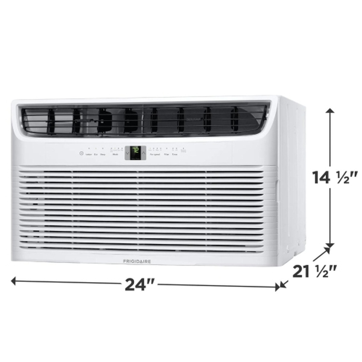 Frigidaire FHTC123WA1 through-the-wall air conditioner front view with dimension callouts: 24 inches wide, 21.5 inches deep, and 14.5 inches tall