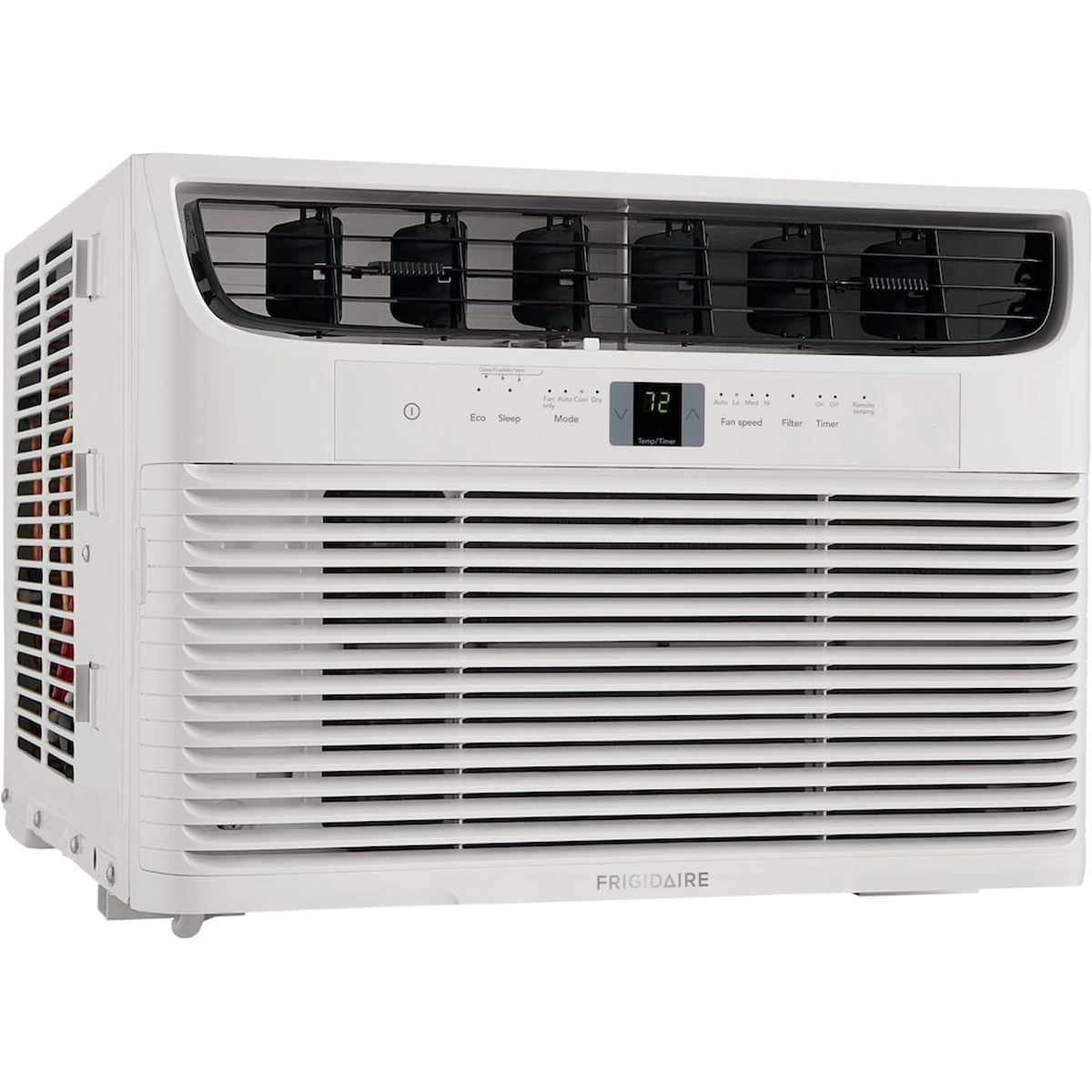 Three-quarter left angle view of the white Frigidaire FHWC123TC1 window air conditioner showing the front panel, side vents, and overall build