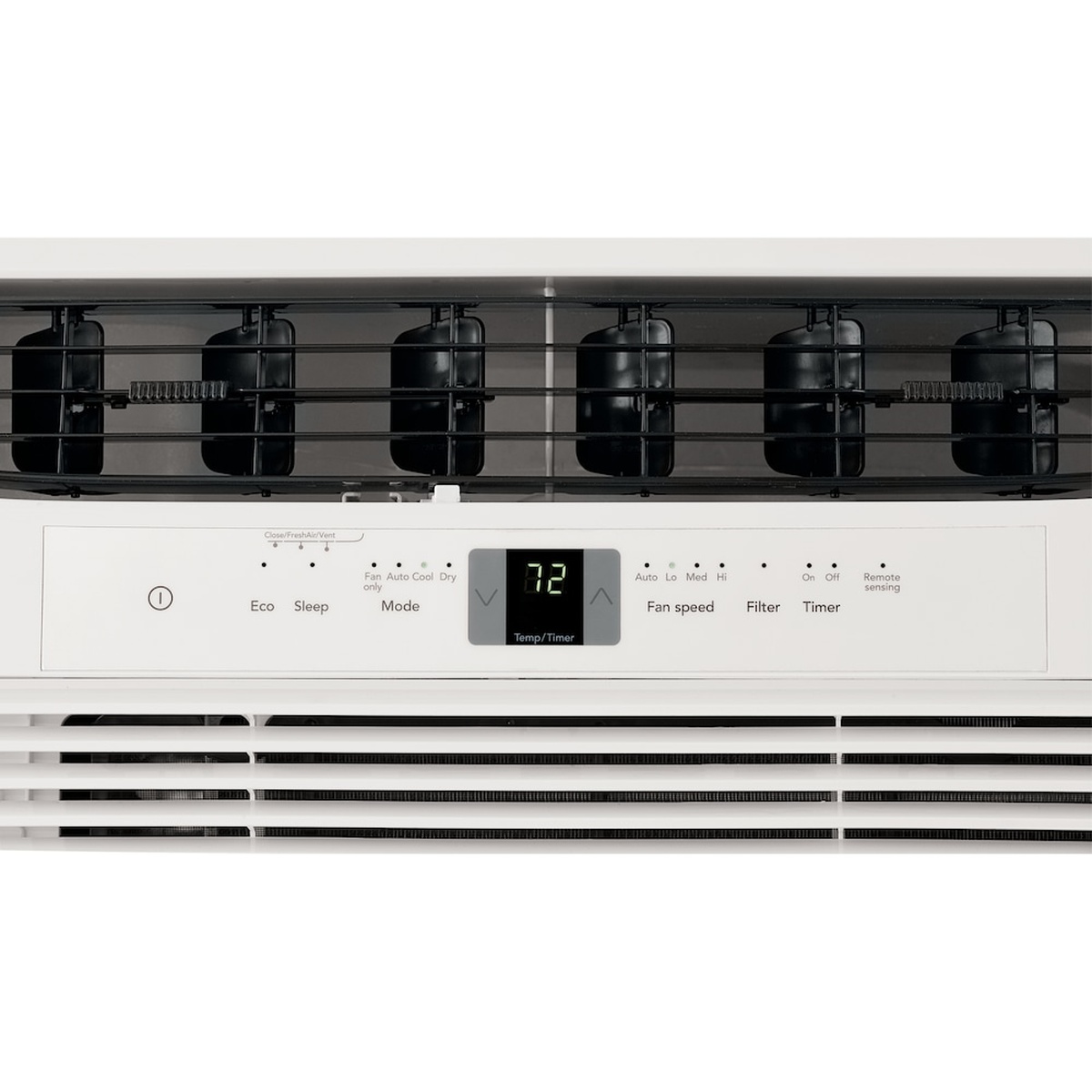 Close-up of the Frigidaire FHWC123TC1 digital control panel showing Eco, Sleep, Mode, Fan Speed, Filter, Timer, and Remote Sensing buttons with a digital Temp/Timer display