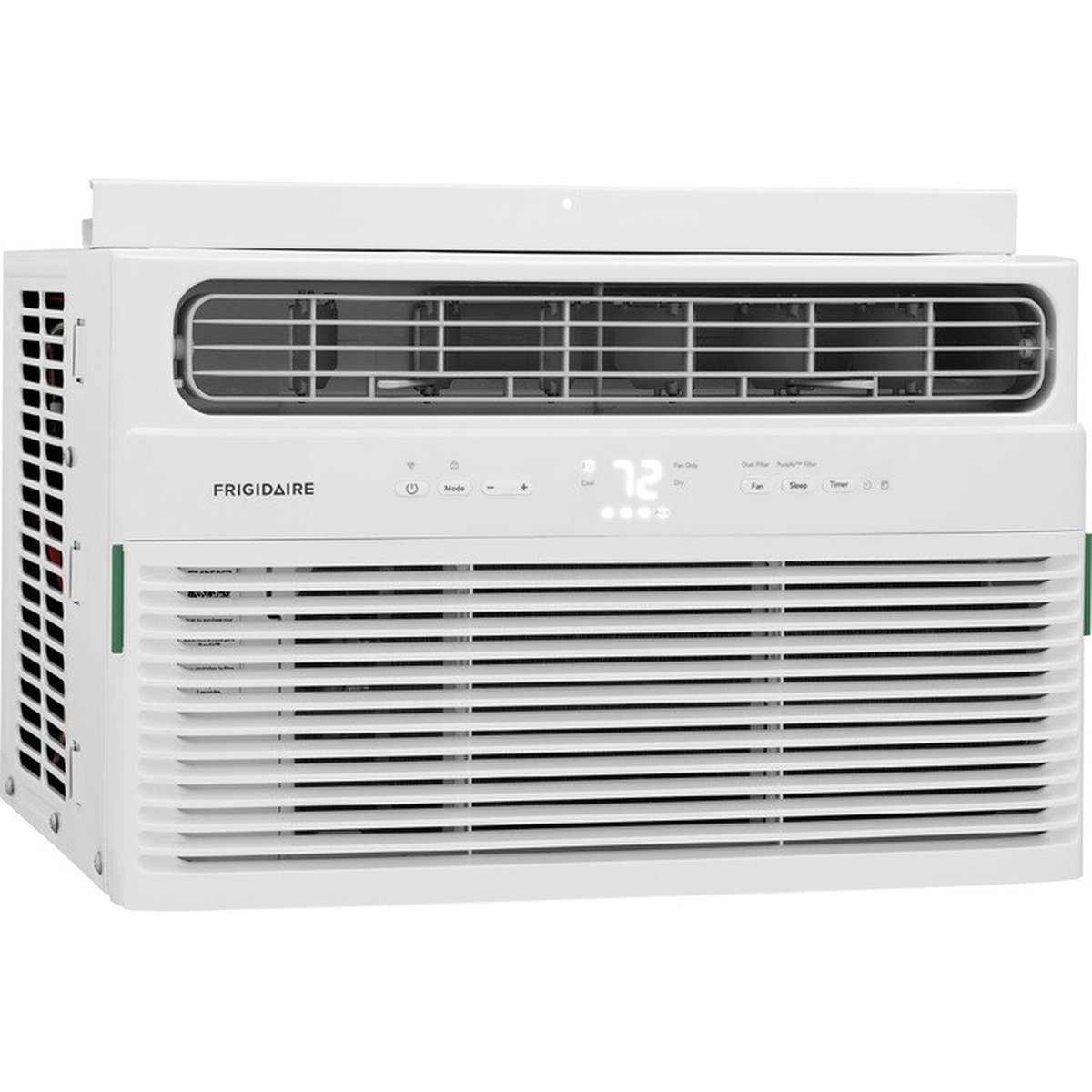 Frigidaire FHWW084WD1 window air conditioner front angled view showing electronic control panel with display, mode buttons, fan, sleep, and timer controls