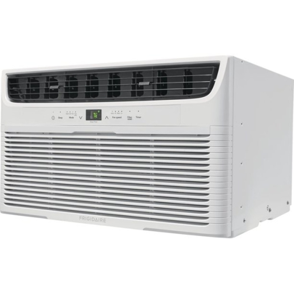 Frigidaire FFTH102WA2 through-the-wall air conditioner front view showing digital temperature display and control buttons including Sleep, Mode, Fan Speed, Filter, and Timer