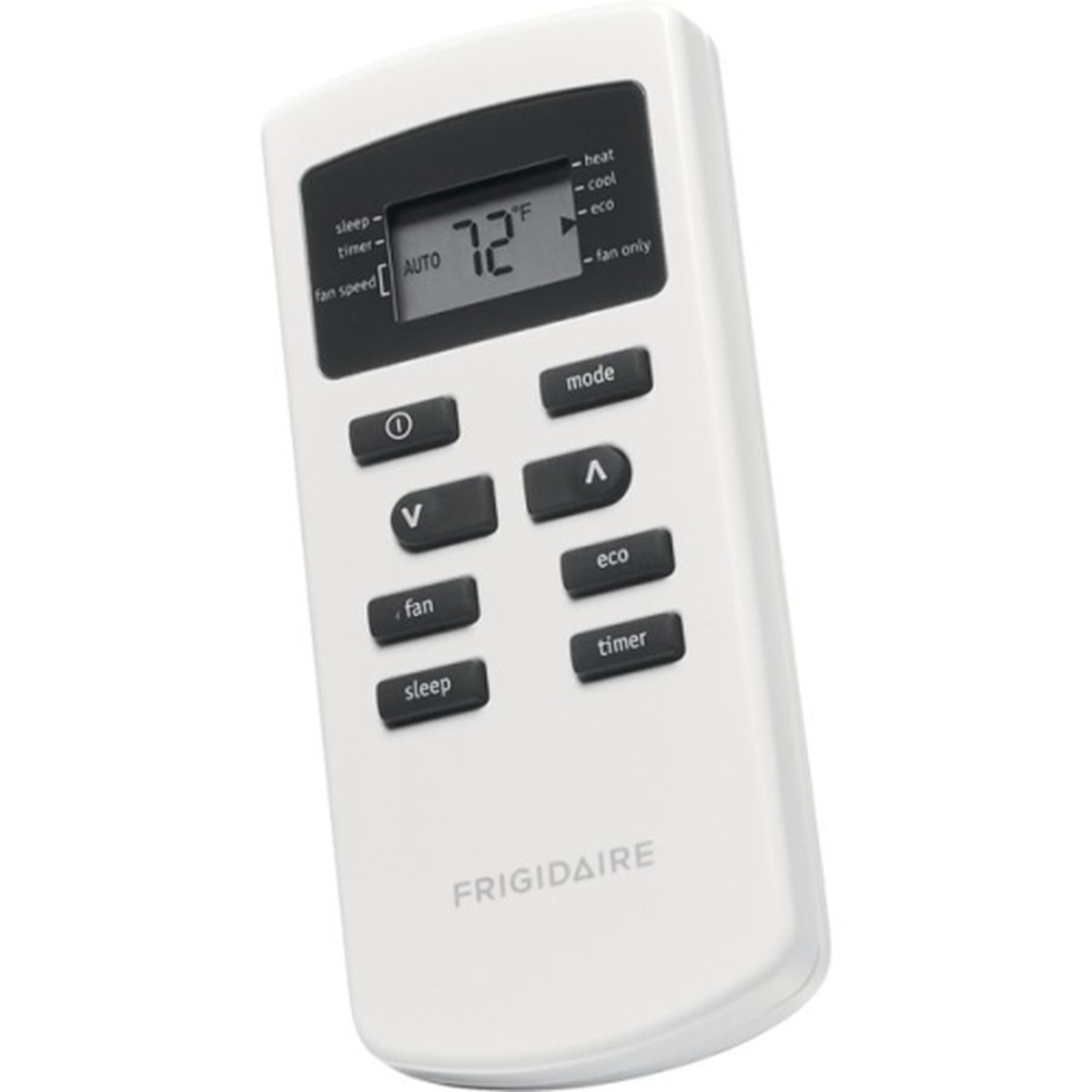 Frigidaire branded remote control showing a temperature display with mode, eco, fan, sleep, and timer buttons