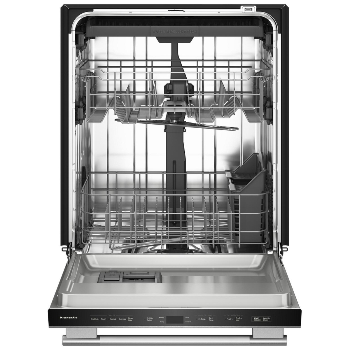 KitchenAid KDTS224SPS interior showing three racks, wash arms, stainless steel tub, and top-mounted control panel with cycle labels