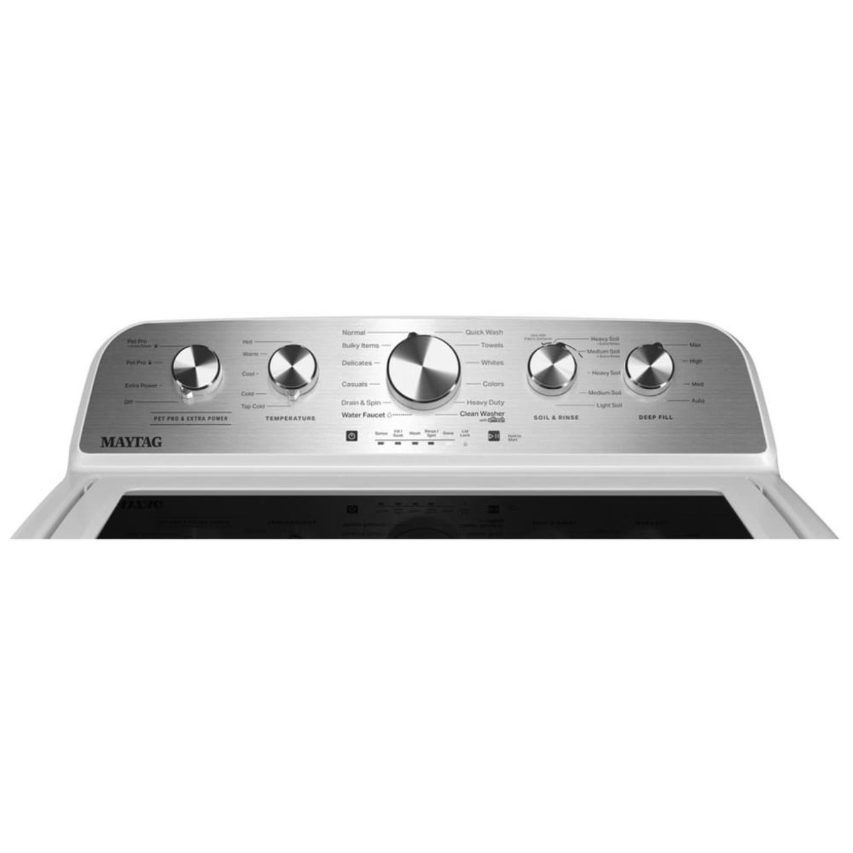 Close-up of the Maytag MTW5600RW control panel showing four knobs for Pet Pro and Extra Power, Temperature, cycle selection, Soil and Rinse, and Deep Fill settings
