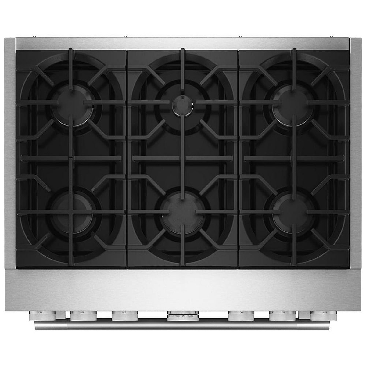 Top-down view of the KitchenAid KFDS936SSS six-burner gas cooktop showing edge-to-edge porcelain-coated cast-iron grates and all six sealed burner caps