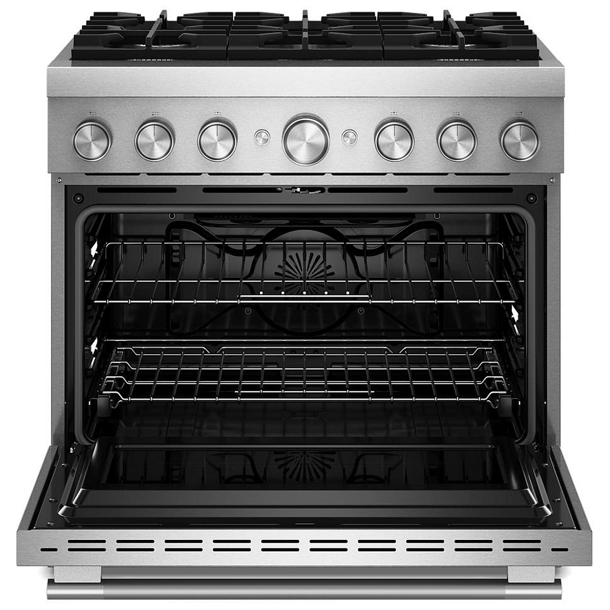 Front view of KitchenAid KFDS936SSS with the oven door fully open, showing the spacious black interior, two oven racks including a gliding roll-out rack, and the bow-tie convection element at the rear