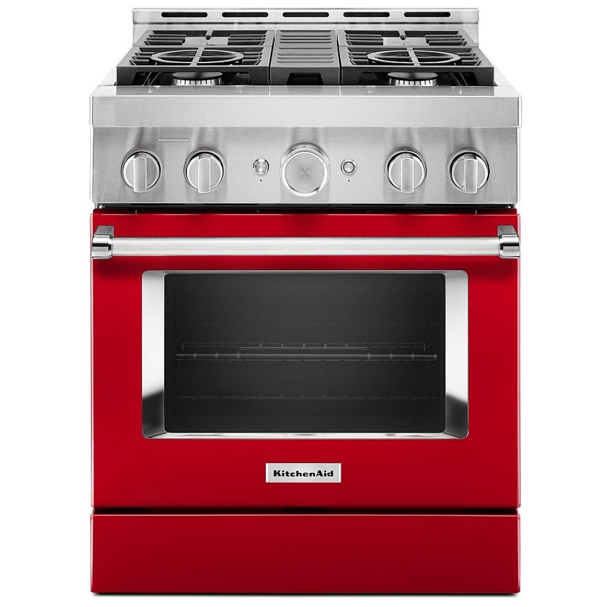 KitchenAid KFGC500JPA front view showing four sealed gas burners with convertible grates, stainless steel metal knobs, Dual-Concentric Oven Knob, and large oven window in Passion Red