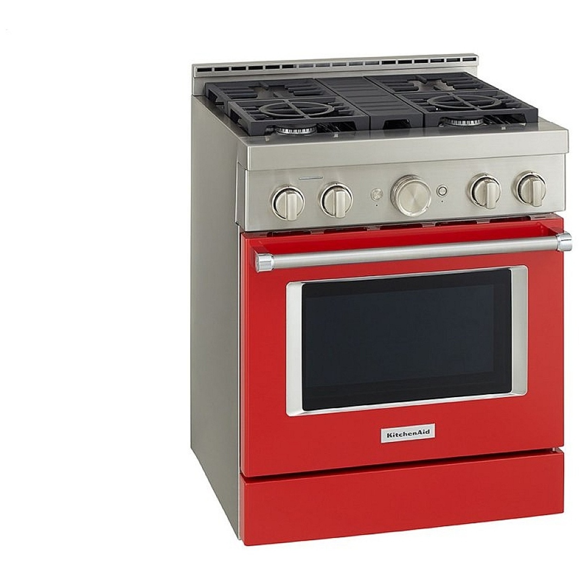 KitchenAid KFGC500JPA three-quarter angled view showing stainless cooktop with four gas burners, metal control knobs, red oven body, towel bar handle, and large oven window