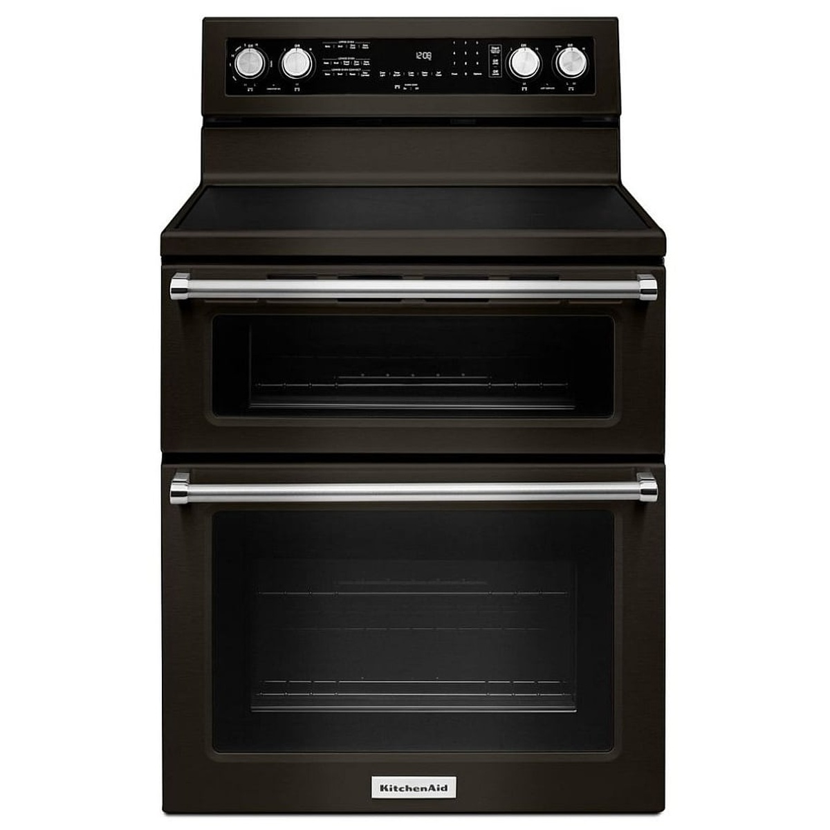 KitchenAid YKFED500EBS black stainless double oven range front view with both oven doors open revealing interior racks