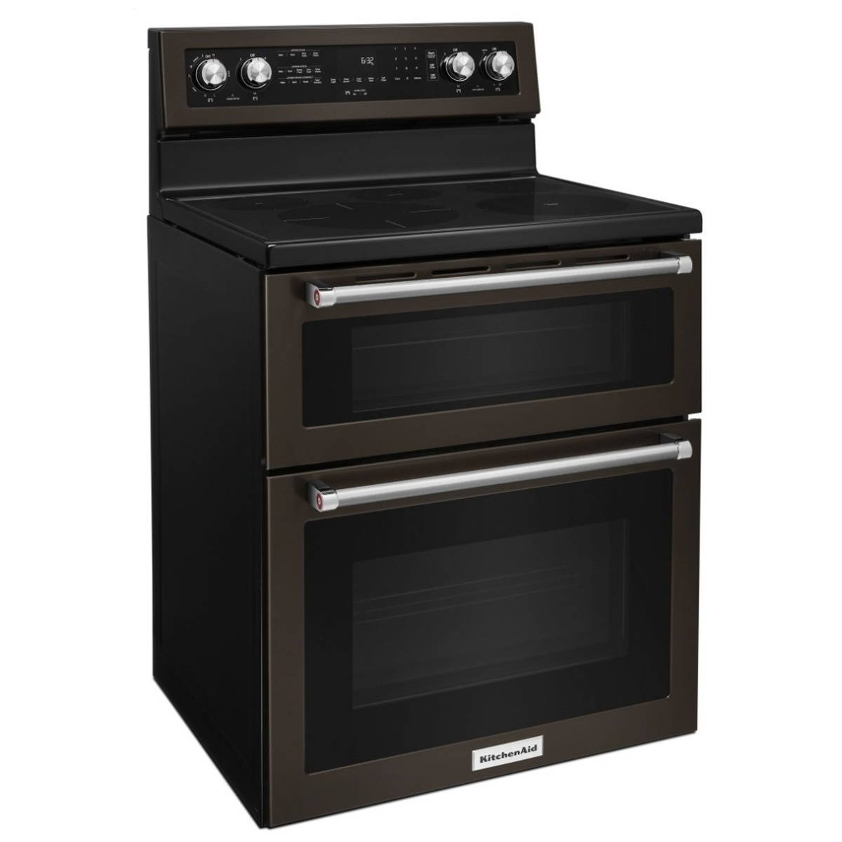 KitchenAid YKFED500EBS black stainless double oven range angled view showing ceramic glass cooktop and satin textured handles