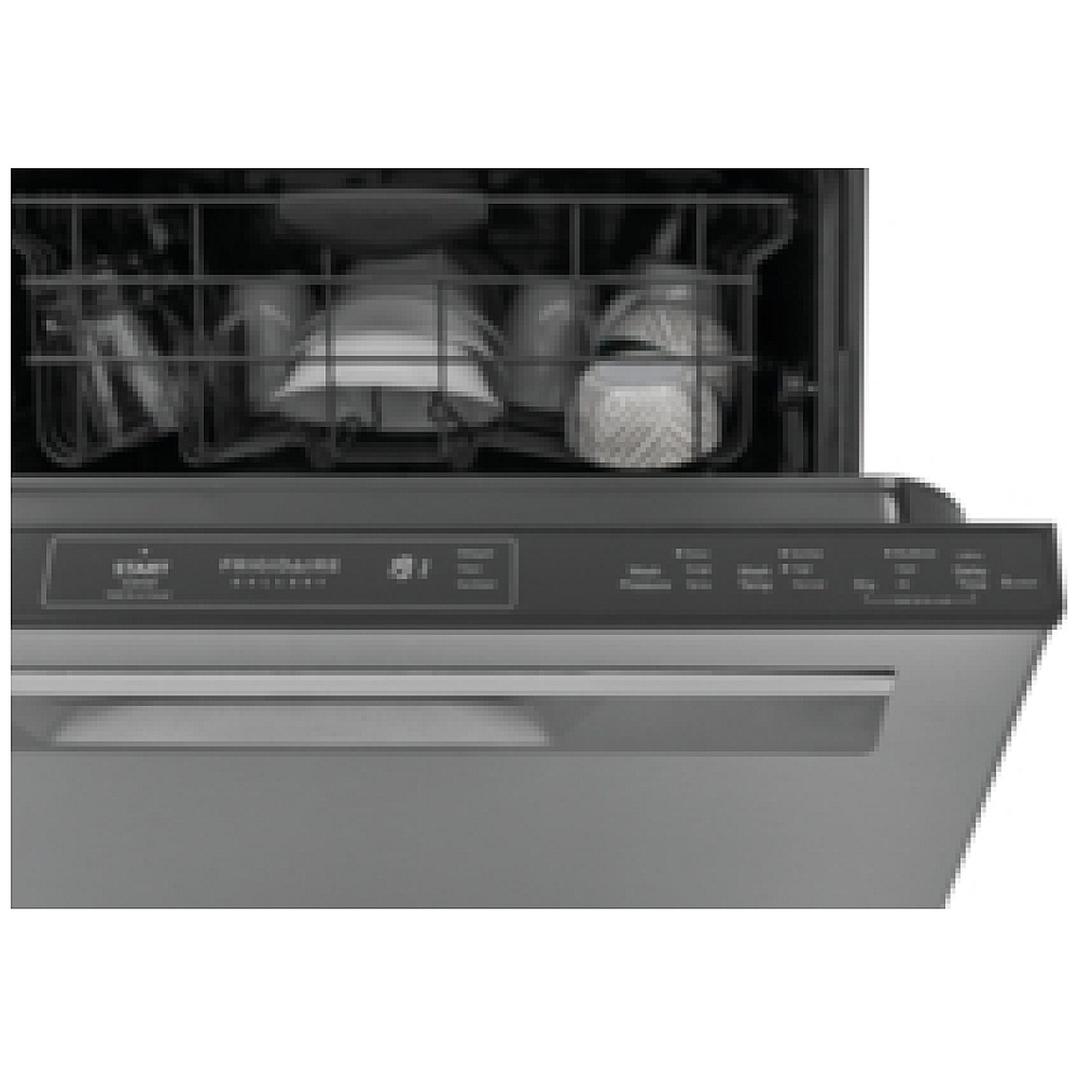 Close-up of the dishwasher’s top control panel with the door partially open