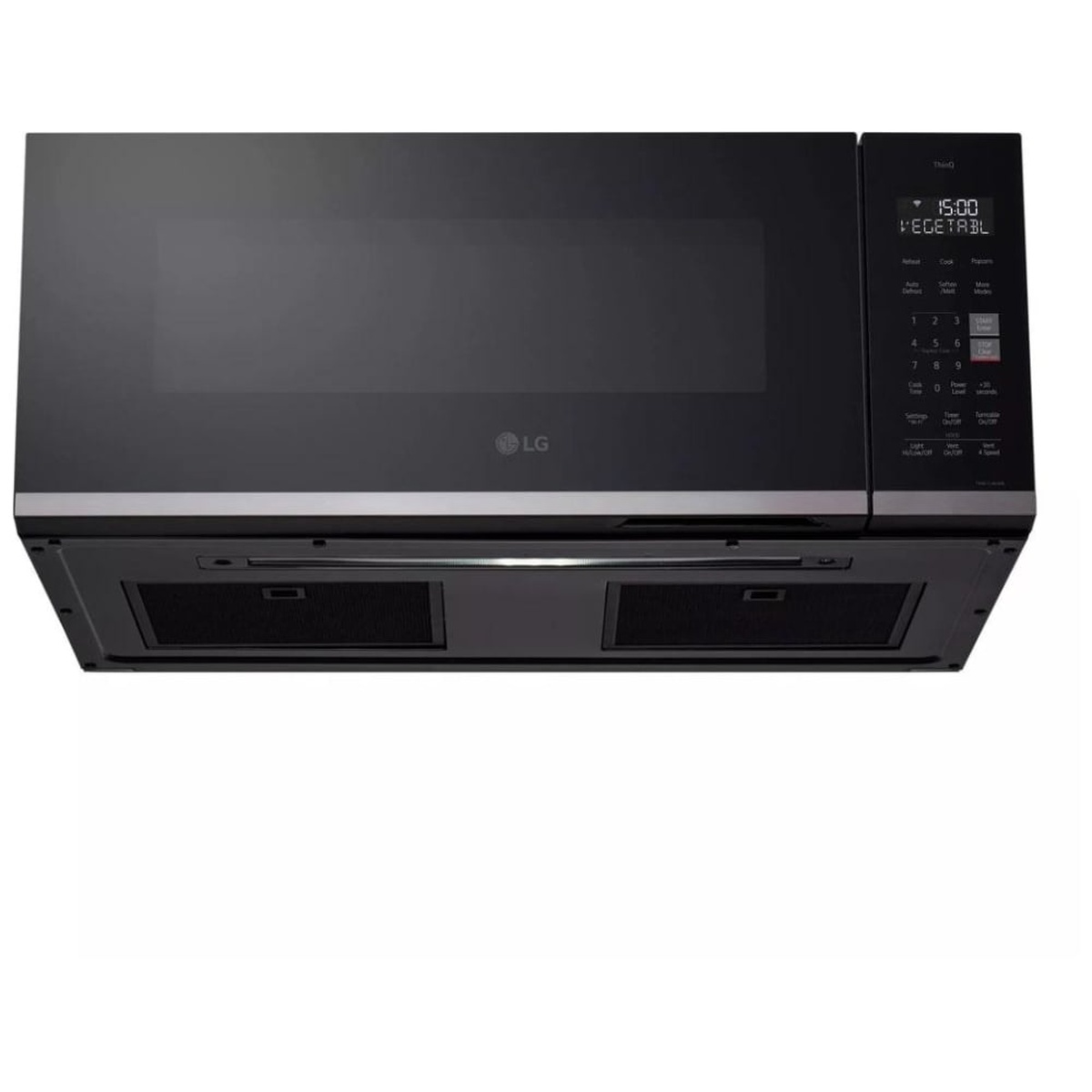 Underside view of the LG MVEF1323F showing two removable grease filters, LED cooktop lighting, and the ventilation intake system