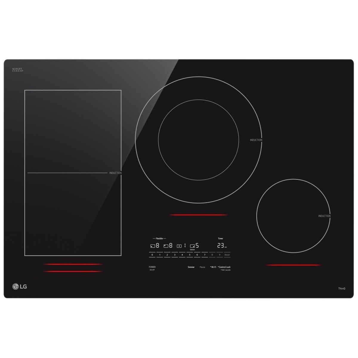 Top-down view of LG CBIH3017BE induction cooktop showing four cooking zones, flexible left-side bridge element, red LED power bars, and front-center SmoothTouch glass controls