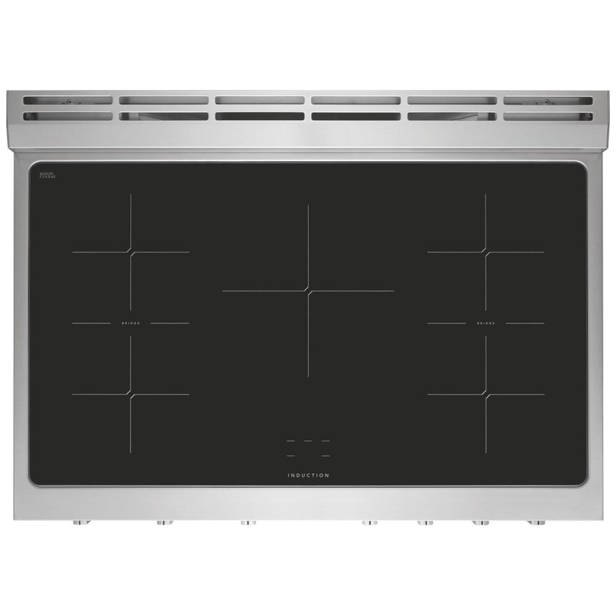 Top-down view of the PCFI3670AF 5-element induction cooktop showing bridge element zones labeled on left and right sides