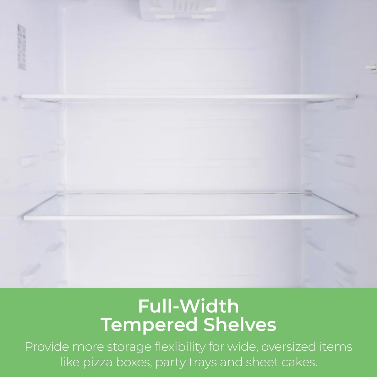 Inside view of the refrigerator compartment showing two full-width glass shelves