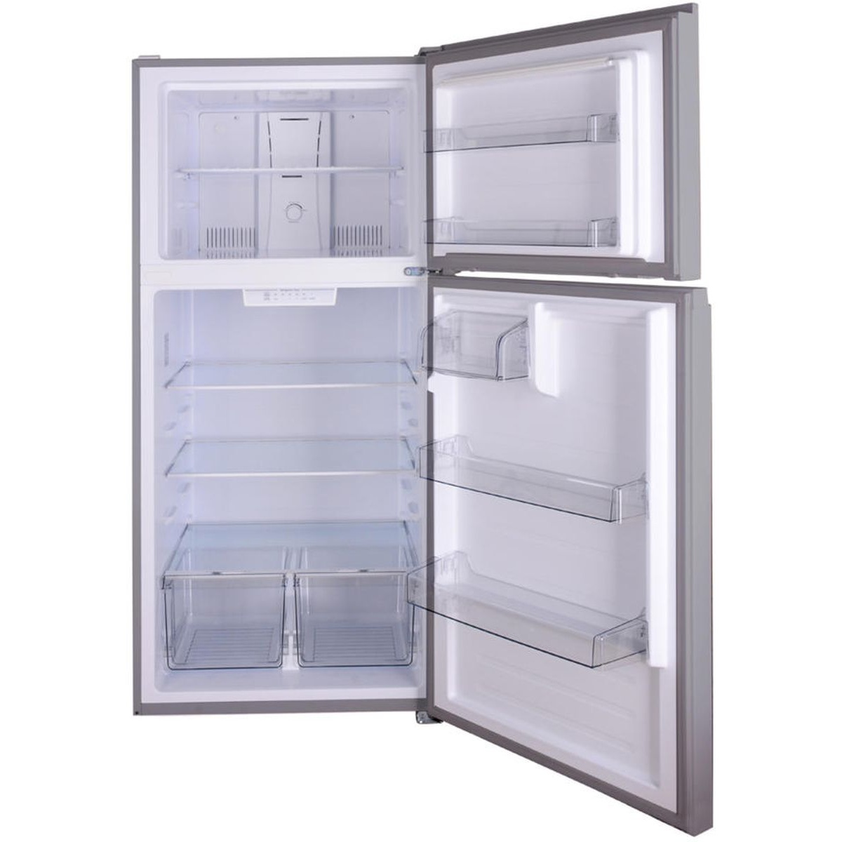Open Kenmore top freezer refrigerator showing full-width glass shelves, door bins, and two clear crisper drawers