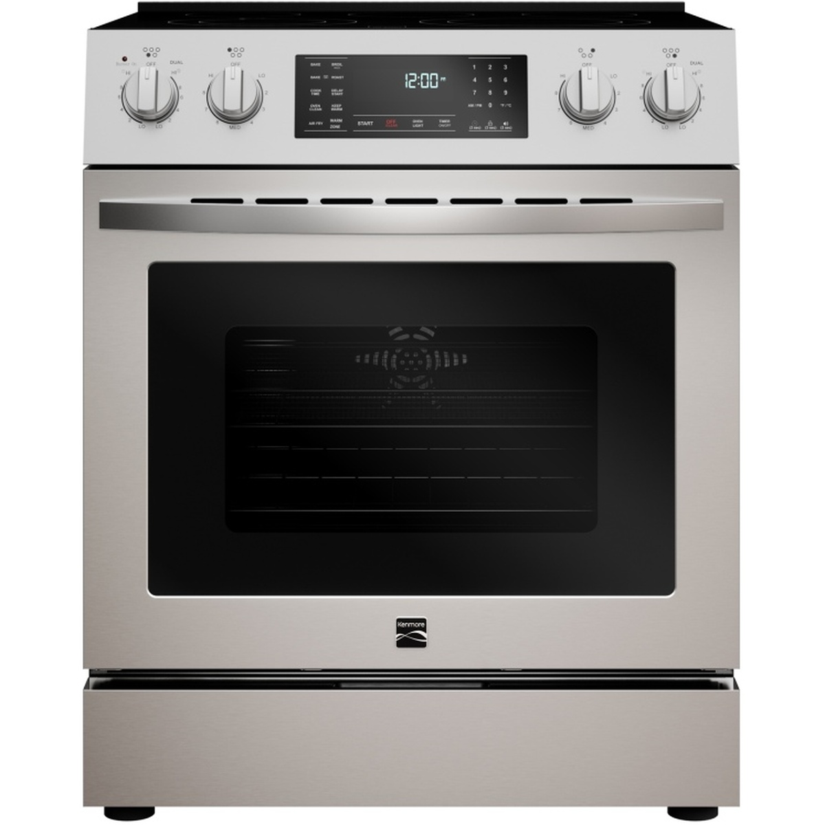 Front view of a stainless steel Kenmore slide-in electric range with front knobs, a digital control panel, and a large oven window