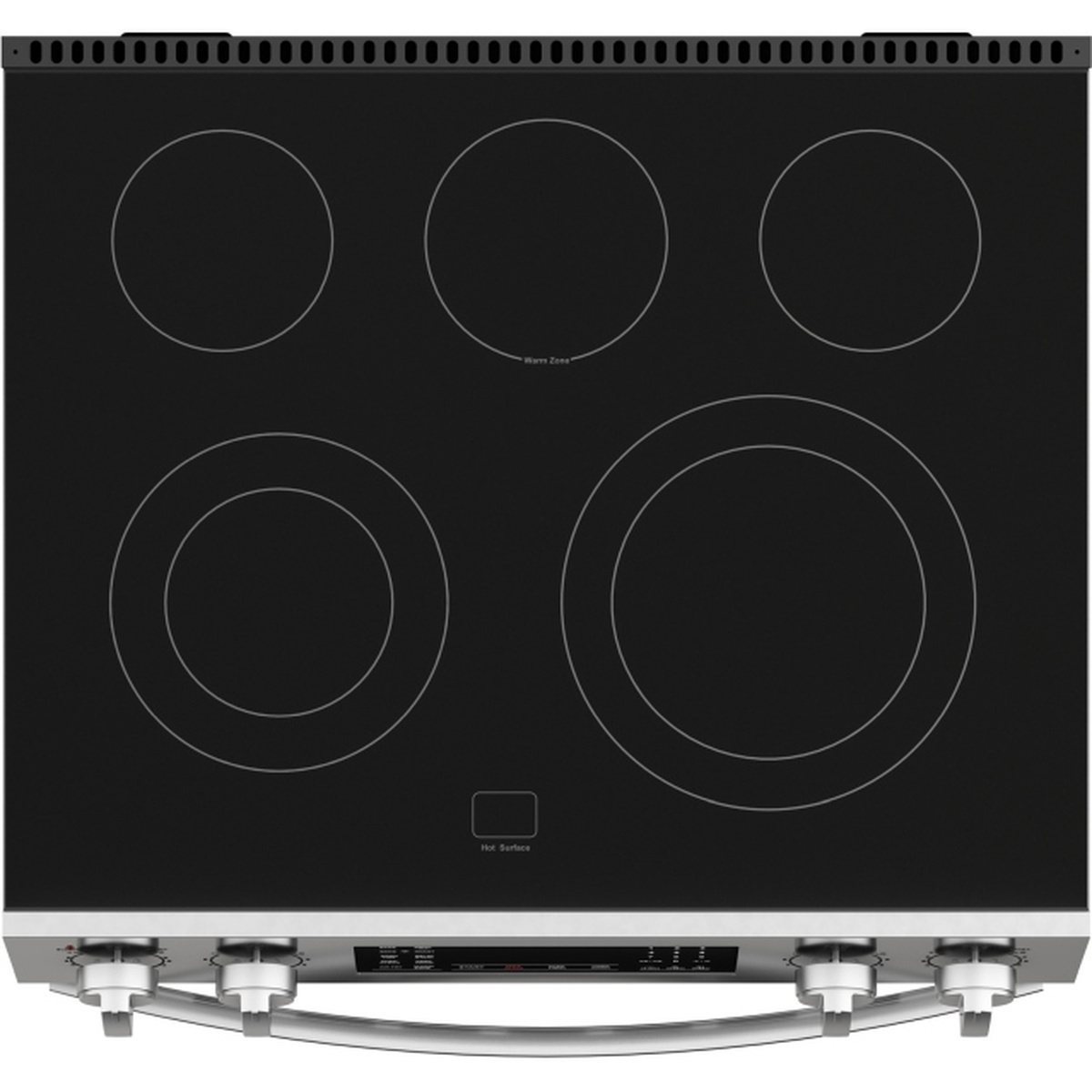 Top view of the black glass cooktop showing five cooking zones, including a warm zone and a dual-size element ring