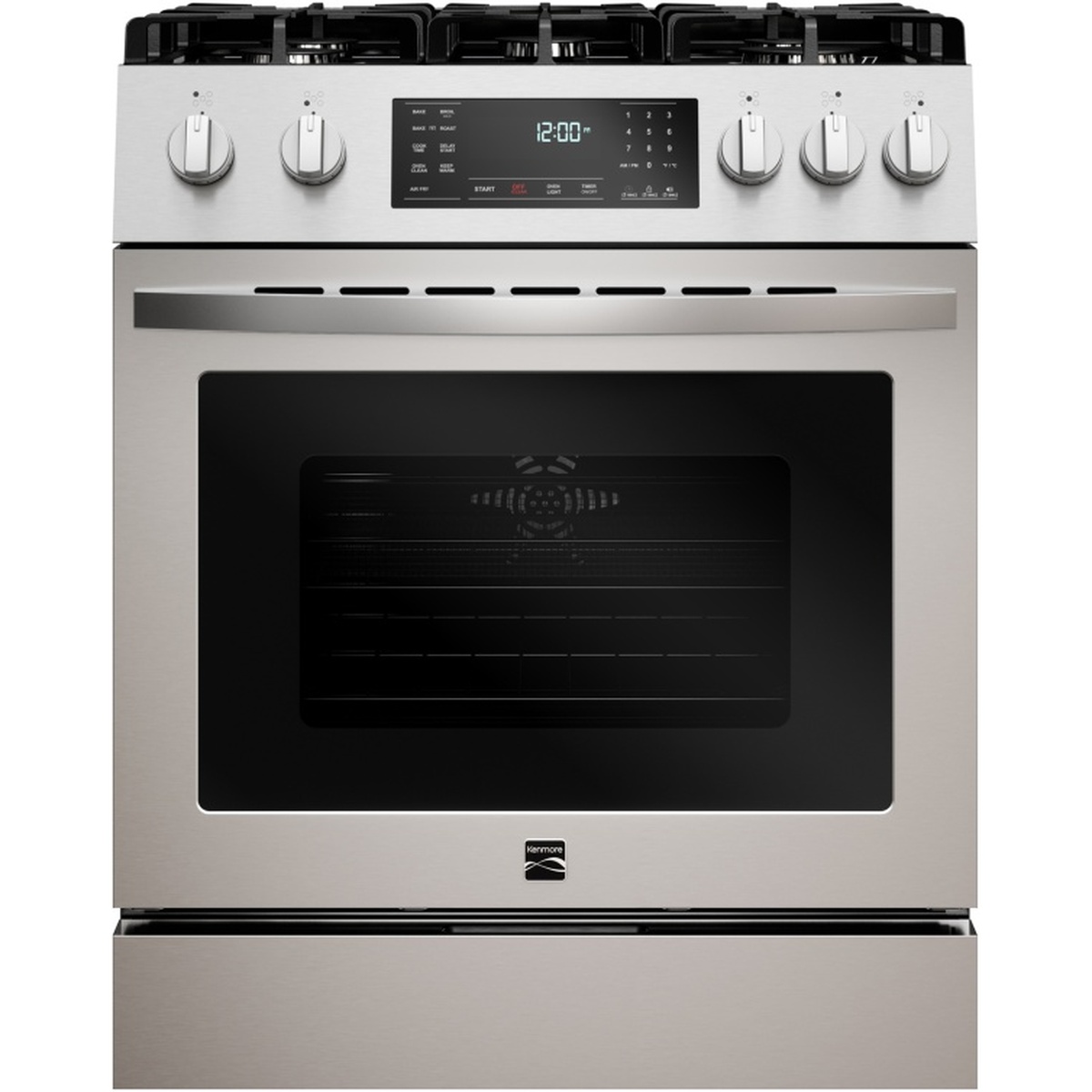 Front view of a stainless steel Kenmore slide-in gas range with front controls and storage drawer
