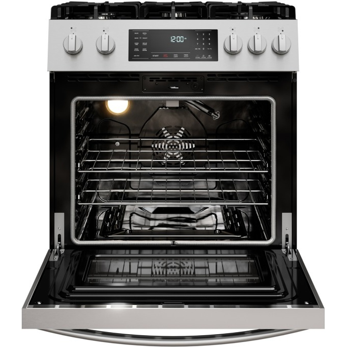Kenmore slide-in gas range with oven door open, showing the convection fan, oven racks, and interior light